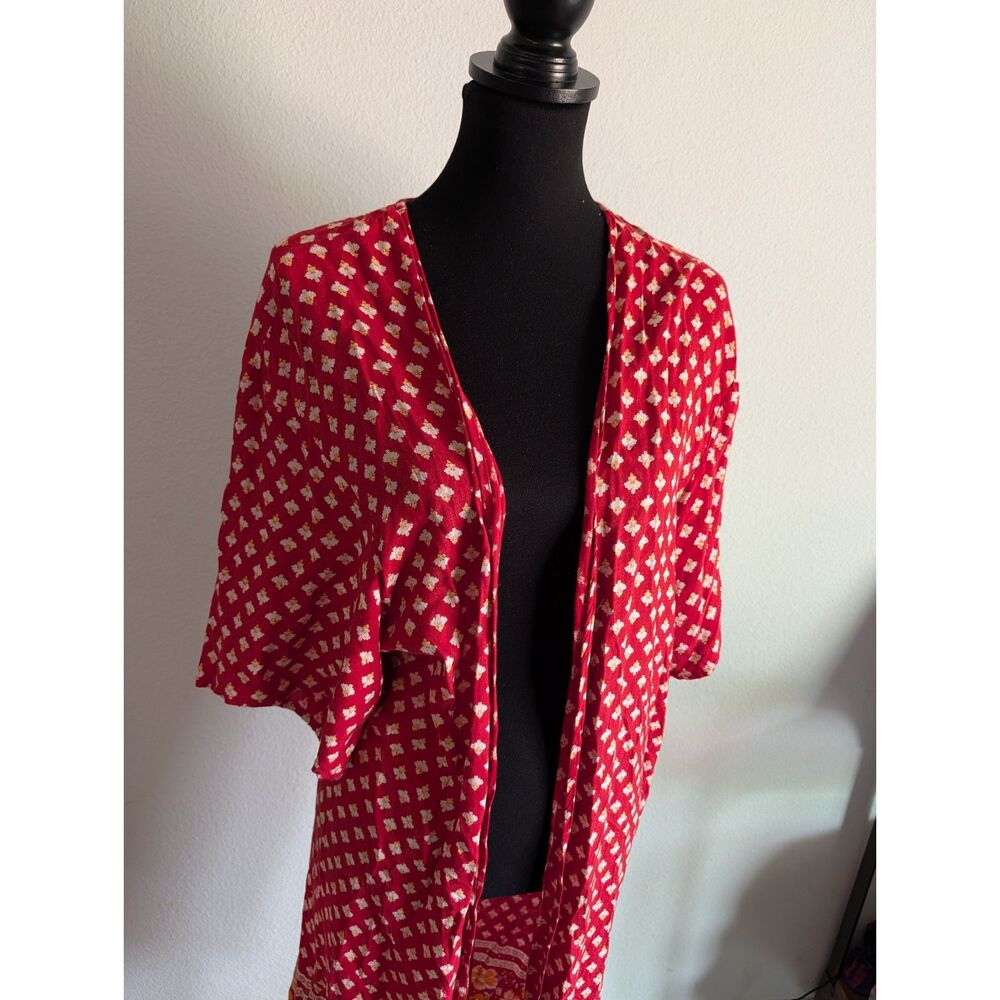 Boho Open Front Kimono Cardigan Women's Medium Pink Floral Border Print